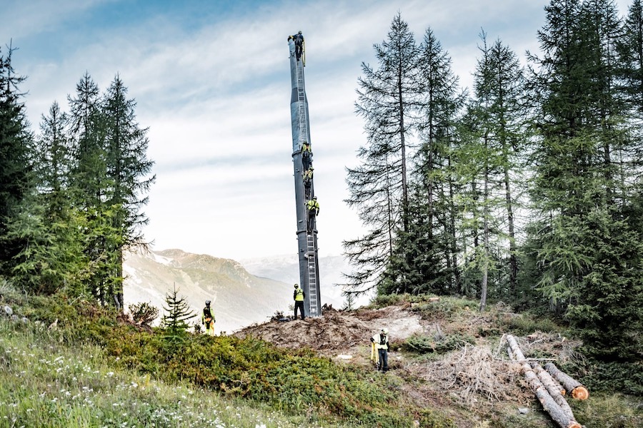 Workmen getting ready for a gantry delivery on one of the pylons on the new Arpettaz chairlift in Sainte Foy