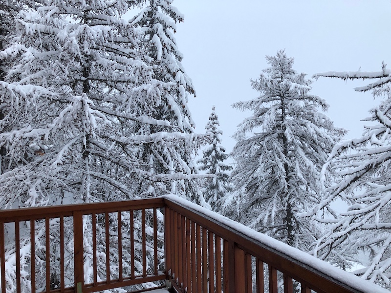 View from La NIche on a snowy day in Sainte Foy